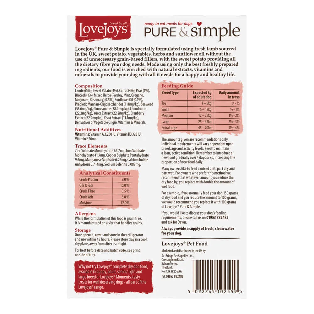 Lovejoys Lamb Pure & Simple Grain Free Complete Adult Wet Dog Food